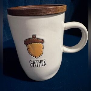 Rae Dunn Gather Mug with Stitched Acorn Design & Maple Leaf Wooden Lid rare EUC